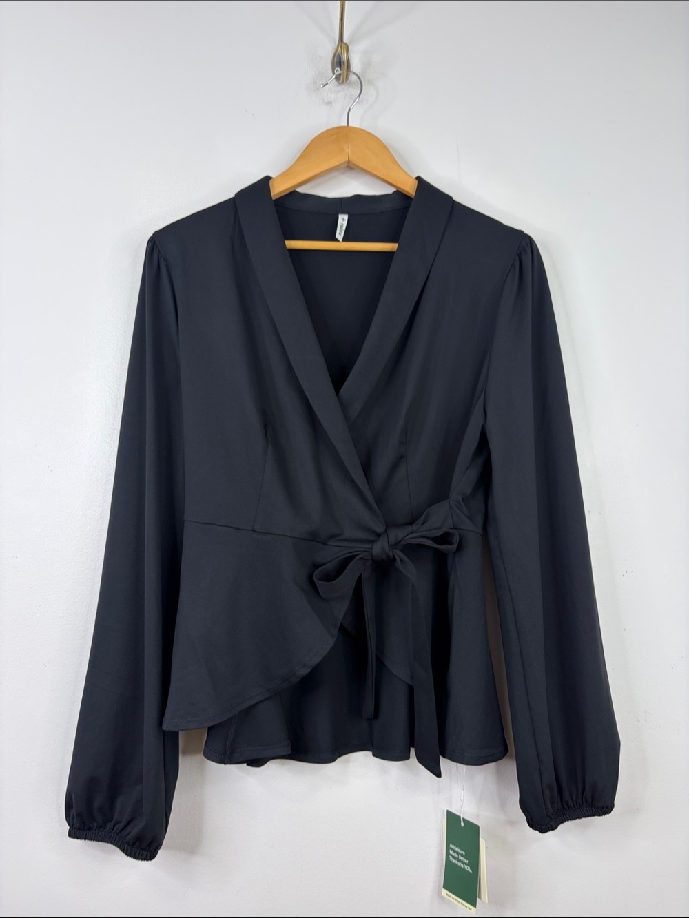 New Halara Wrap Blouse Womens XL Black Satin Jersey Puff Long Sleeve Dressy Top